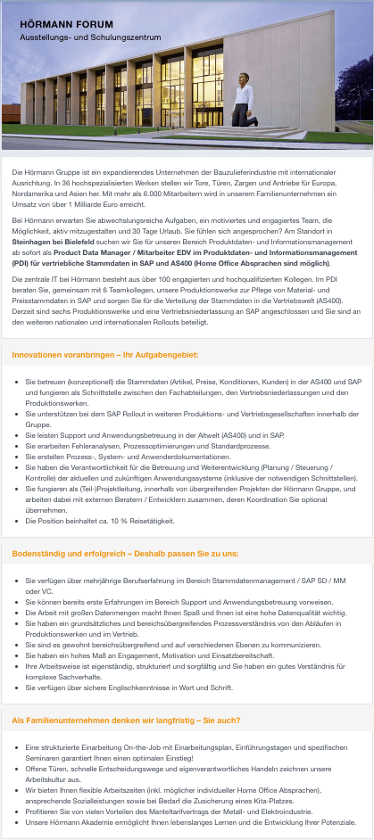 Product Data Manager / Mitarbeiter EDV im Produktdaten- und Informationsmanagement (PDI) für vertriebliche Stammdaten in SAP und AS400